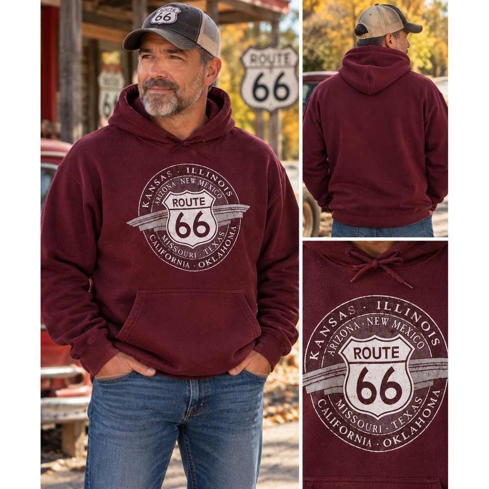 Prairie Mountain Mens Route 66 Graphic Hoodie Maroon Burgundy 3XL